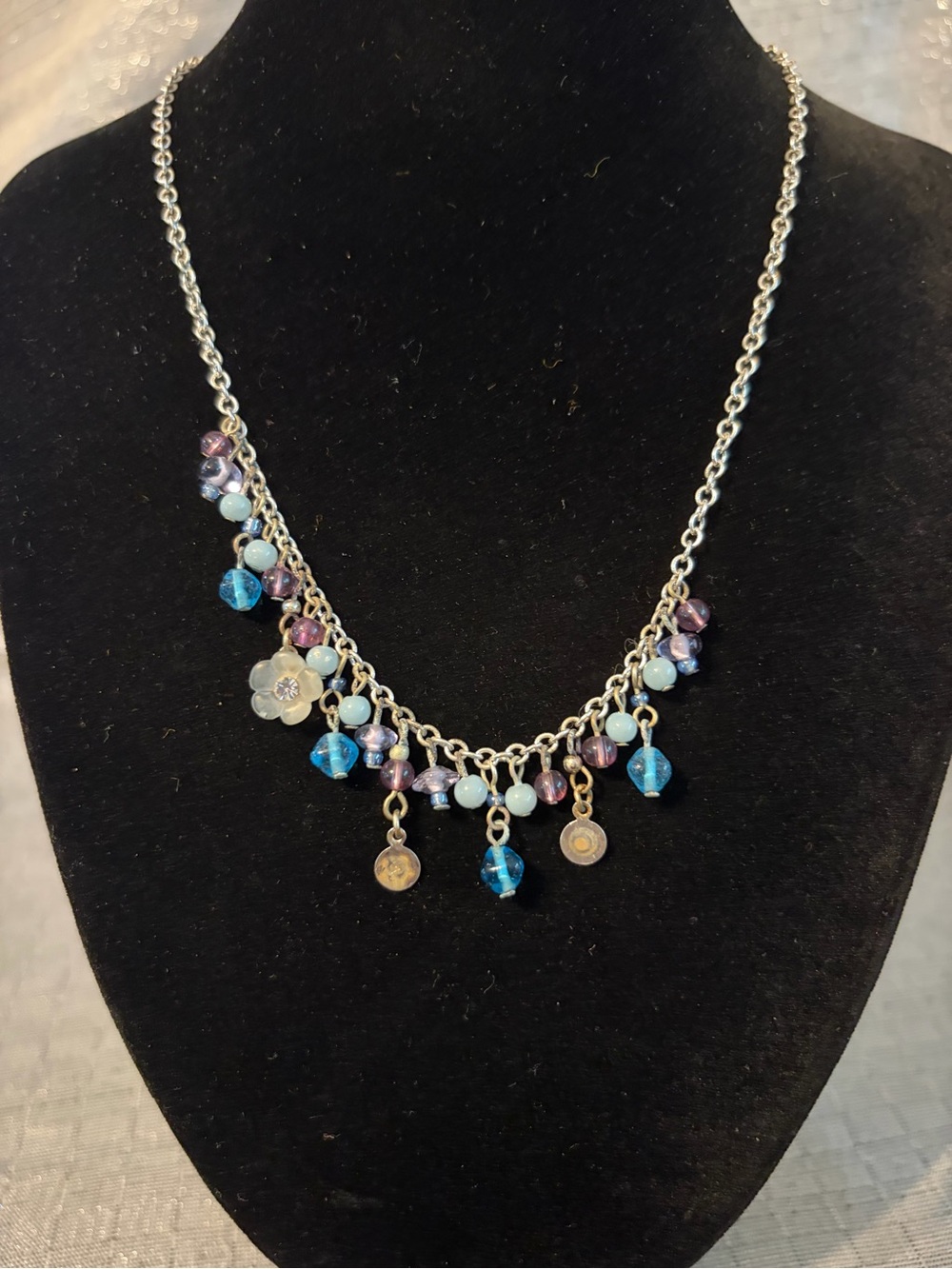 Delicate Blue & Purple Beaded Charm Necklace
